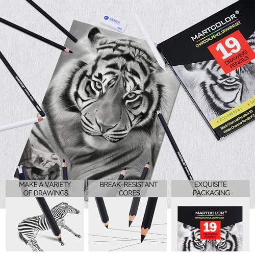 MARTCOLOR Charcoal Drawing Set, 19 Pieces, Black & White Charcoal Pencils and 5.5X8.5” Premium Sketch Book Set, 1 Pack, 100 Sheets(68 lb/100gsm) Sketchbook