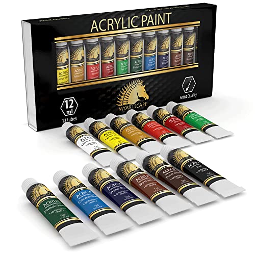 MyArtscape Artist Quality Painting Set - Acrylic Paint - 12 x 12ml Tubes with Miniature Paint Brushes - Set of 12 for Detail & Fine Point Painting