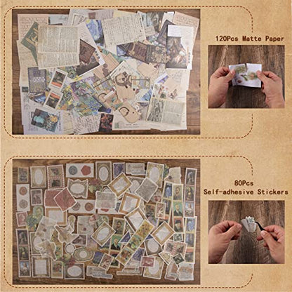 200Pcs Vintage Scrapbook Stickers, Aesthetic Junk Journal Stamping Supplies Kit, Scrapbooking Ephemera Washi Paper for Bullet Journaling Planners Diary Collage (Artistic) - style: Artistic