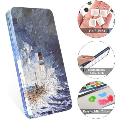 40 Empty Half Pans Watercolor Palette Tins Box with Magnetic Squares - color: Lighthouse, size: 40 Half Pans