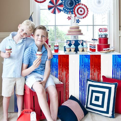 2 Pack 2.5ft x 9 ft Red White and Blue Metallic Foil Fringe Table Skirt, July 4th Patriotic Tinsel Table Skirts Cover for Rectangle and Round Tables, Labor Day, Veterans Day - color: Red White Blue