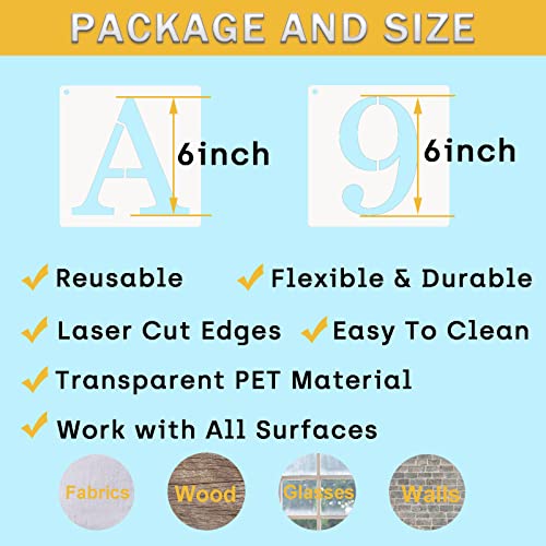 6 Inch Letter Stencils Numbers Craft Stencils, 40 Pcs Reusable Plastic Alphabet Drawing Templates for Painting on Wood, Wall, Fabric, Rock, Signage, Door Porch - size: 6 Inch
