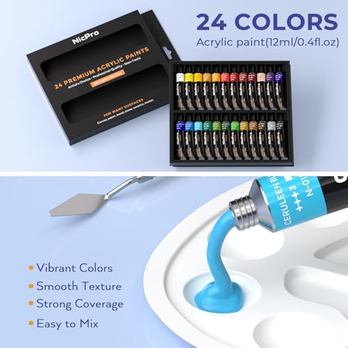 Nicpro 72PCS Kids Painting Set with Pattern Canvas for Beginner Students | 24 Acrylic Paints, 10 Brushes, 8 Canvas Panels, Table Easel, Paper Pad, Color Wheel, Palette, Art Painting Supplies Kit - color: 24 Colors