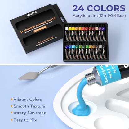 Nicpro 72PCS Kids Painting Set with Pattern Canvas for Beginner Students | 24 Acrylic Paints, 10 Brushes, 8 Canvas Panels, Table Easel, Paper Pad, Color Wheel, Palette, Art Painting Supplies Kit - color: 24 Colors