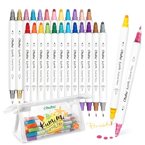 Ohuhu Journal Pens 24 Colors Dot Markers Dual Tip Coloring Markers - Kumimi | Calligraphy Brush & Dot for Adults Water-based Metallic & Regular Colors Dot Pens for Lettering Journal Scrapbooking