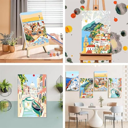 4 Pcs Cityscape Paint by Numbers for Adult with Frame Canvas - Wooden Easel - color: BKH2362+BKH2363+BKH2364+BKH2365