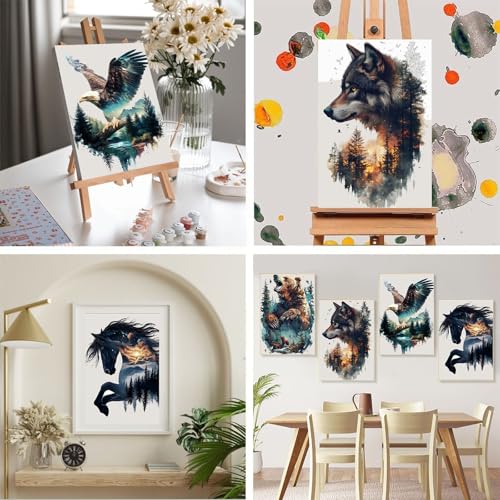 4 Pack Animals Paint by Numbers for Adults with Framed Canvas 8x12 inch - color: BKH2094+BKH2095+BKH2096+BKH2098
