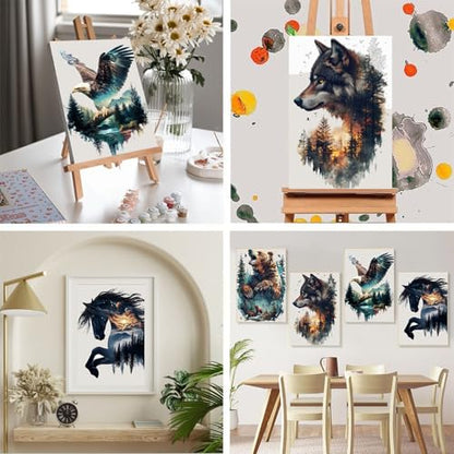 4 Pack Animals Paint by Numbers for Adults with Framed Canvas 8x12 inch - color: BKH2094+BKH2095+BKH2096+BKH2098