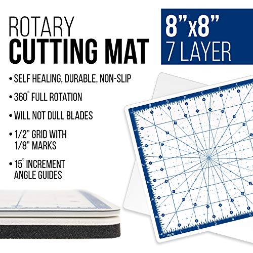 U.S. Art Supply 8"x8" Self-Healing Cutting Mat 7-Ply - Rotary White/Blue | Craft Mat, Non-Slip Cutting Mats for Crafts, Sewing, Quilting, Scrapbooking - size: 8"L x 8"W