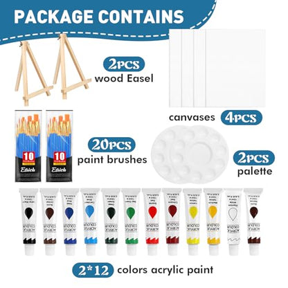 ESRICH 52PCS Acrylic Painting Kits for Adults and Couples | Sip and Paint Kit for Date Night and Crafts, Painting Set with Canvas and Easels, Palettes, Brushes - color: 24