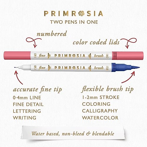 Primrosia Fauna - 60 Dual Tip Watercolor Brush and Fine Tip Pens. Marker Pens for Art Sketching Illustration Calligraphy Permanent Highlighter Bullet Journal Drawing Adult Coloring - color: Fauna