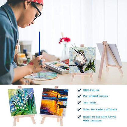 Mini Canvas and Easel, Cridoz 47 Pieces Small Canvas Painting Set Includes Mini Easel, Acrylic Paint, Paintbrushes and Palette for Artists Art Party Sip and Paint Night - style: 4x4 inch