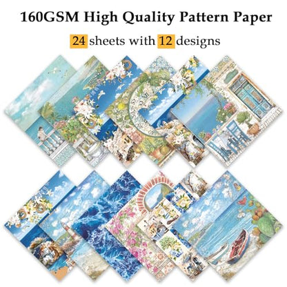 Scrapbook Paper, 24 Sheets 6"×6" 160gsm Single-Sided Patterned Cardstock - color: 24 sheets-seaside cabin