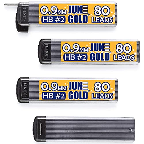 June Gold 0.9 mm, 320 Lead Refills, HB #2, 4 Dispensers/w 80 Pieces Each | Bold Thickness, Break Resistant Graphite, Elegant Dispensing Mechanism, 1.0 mm Compatible - color: Hb Graphite, style: 0.9 mm