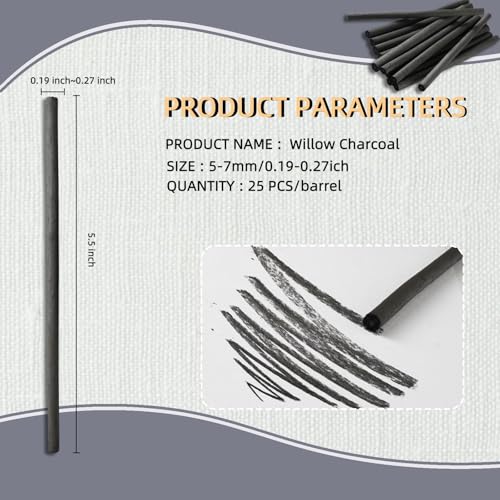 25 PCS Willow Charcoal Sticks, Ideal for Artists, Beginners, Students, Perfect for Sketching, Drawing, Shading, and Fine Art, 5.7 Inches Long, 2-4,4-5,5-7,7-9 (5-7) - style: 5-7