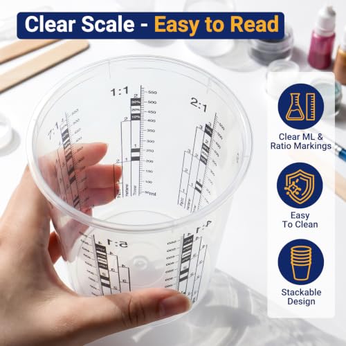 12 Pack 19oz 570ml Clear Plastic Paint Mixing Cups with 12 Stir Sticks - Disposable Graduated Measuring Cups for Paint, Resin & Epoxy with ML Scale & 3-Column Ratios (1:1-7:1) for DIY Crafts - size: 19oz / 570ml