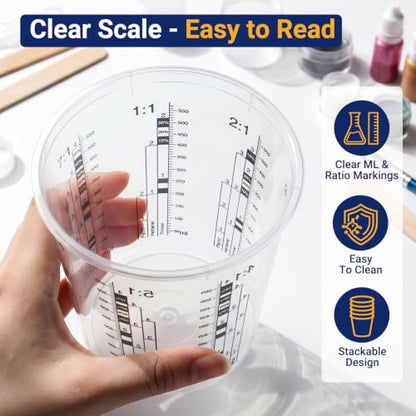 12 Pack 19oz 570ml Clear Plastic Paint Mixing Cups with 12 Stir Sticks - Disposable Graduated Measuring Cups for Paint, Resin & Epoxy with ML Scale & 3-Column Ratios (1:1-7:1) for DIY Crafts - size: 19oz / 570ml