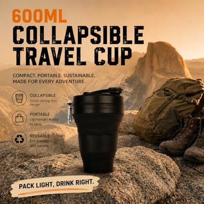 Silicone Coffee Cup with Straw lid Collapsible Cups for Traveling 20oz Lightweight Folding Water Mug for Picnic Hicking Camping Climbing (Black) - color: Black