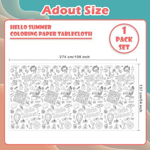 Giant Hello Summer Party Coloring Tablecloth for Kids - Huge Summer Theme Table Cover Large Watermelon Ice Cream Painting Poster for Children Birthday Party Supplies 54x108 Inch - color: Hello Summer