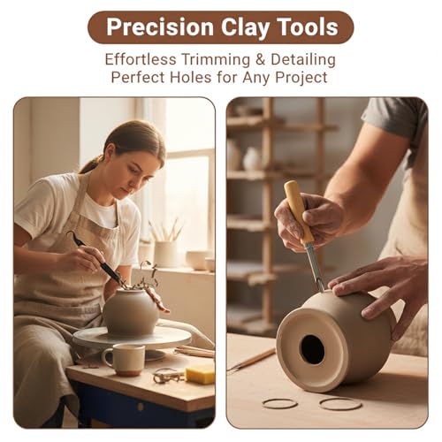 8PCS Pottery Trimming Tools Set | Double Ended Pottery Tool with 4 Sizes Circular Clay Hole Cutters & 3 Throwing Trimming Spinner Tools for Clay Trimming