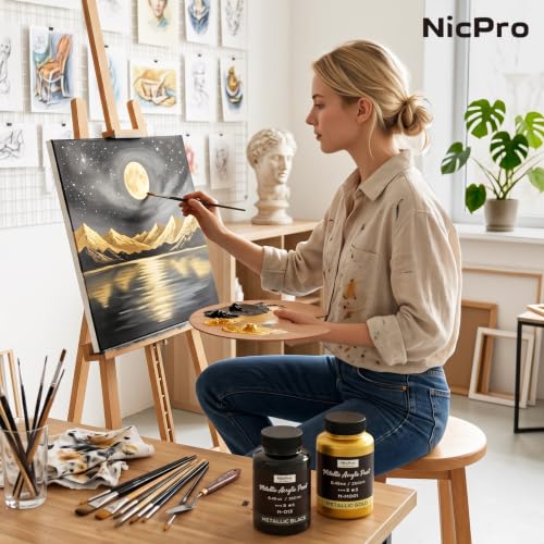 Nicpro Metallic Gold Acrylic Paint, 8.45oz/250ml Large Gold Leaf Paint | Non Toxic, Non Fading Craft Paints for Metal, Wood, Clay, Fabric, Canvas, Furniture, Handcrafts, Art Supplies - color: Gold, size: 8.45 Fl Oz (Pack of 1)