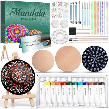 Mandala Rock Painting Kit - Mandala Dotting Tools for Painting - Including Large Wooden Rocks, Acrylic Paints, Stencils, Painting Tools, Manual, Arts Crafts Kit for Adults, Gifts for Women/Mom
