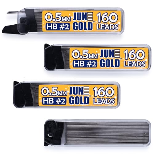 June Gold 0.5 mm, 640 Lead Refills, HB #2, 4 Dispensers/w 160 Pieces Each | Fine Thickness, Break Resistant Graphite, Elegant Dispensing Mechanism - color: Hb Graphite, style: 0.5 mm