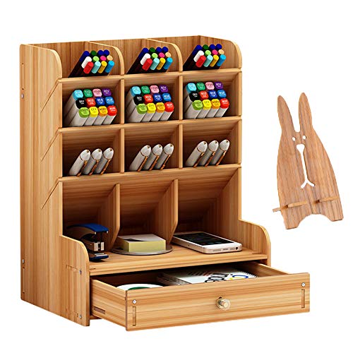 Marbrasse Wooden Desk Organizer, Multi-Functional DIY Pen Holder, Organizer for desk, Desktop Stationary, Easy Assembly, Home Office Art Supplies Storage with Drawer (B11-Cherry Color) - color: B11-Cherry Color