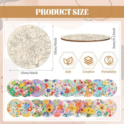 Reallnaive 77 Pcs Flower Coasters Painting Kit, 20 Set Wooden Drink Coasters 4 Inch with Holder & Markers Boho DIY Crafts for Adults, Women, Hobby, Color Your Own Art Craft Supplies - style: Flower