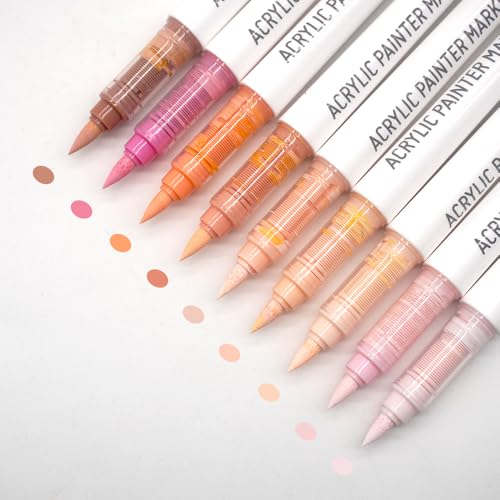 Water Based Acrylic Paint Markers, 9 Colors Paint Pen Set | Colour of Skin Series, Soft Brush Tip, Smooth Writing, Marker Pen for Rock Painting, Egg, Wood, Glass, Mugs, Black Paper - color: Colour of Skin Series