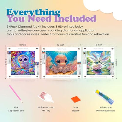 Modern Merch Small Diamond Art Packs Owl Octopus & Dragonfly, Animal Diamond Dots for Adults, Jewel Art Painting Kits, Mini Gem Arts and Crafts for Adults, Round Drill 3 Pack Partial Drill - color: Owl Dragonfly Octopus