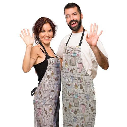 Retro Apron for Women Coffee Set Patterns Mans Aprons for Grilling for Kitchen Cooking Restaurant BBQ Painting Crafting Gardening 27” (W) x 31” (H), Waterproof Aprons - color: Coffee Set Patterns