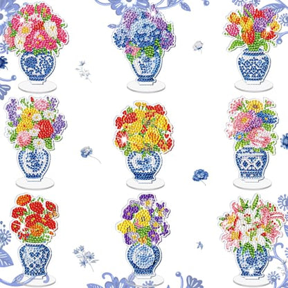 Kosiz 9 Pcs Chinoiserie Flower Diamond Painting Tabletop Decoration, Double Sided Acrylic Porcelain Diamond Art Kit for Adult, DIY 5D Rhinestone Blue White Flower Centerpiece for Table Home Desk Decor - style: Chinoiserie
