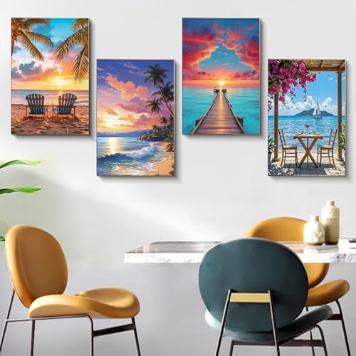 4 Pack Framed Paint by Numbers Kit for Adults Beach with Wooden Easel - color: FOP4P-03