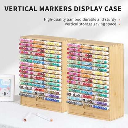 AUTOARK Bamboo Marker Organizer for 225 Markers,AHK-063 | Desktop Storage with Drawers,Art Markers Pens Pencils Brushes,Stationary Organizer - size: 225 Markers