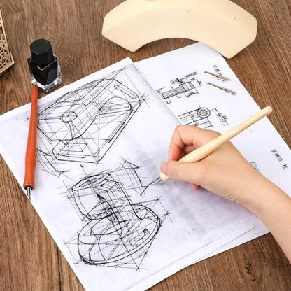 14pcs Oblique Calligraphy Nibs Pen Comic Pen Nibs Set Fluid Writer Pens | Wooden Drawing Pen Holder with 12 Pieces Stainless Steel Pen Replacement Nibs Nib for Writing, Signing, Painting, Sketch - color: brown+wood