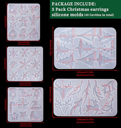 Wehous Resin Earring Molds, 5PCS Christmas Resin Mold, Christmas Tree Snowflake Elk Silicone Jewelry Pendant Mold, Unique Epoxy Molds for DIY Jewelry Earrings Art Craft Keychain Ornament Gift - color: 5pcs-Christmas