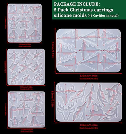 Wehous Resin Earring Molds, 5PCS Christmas Resin Mold, Christmas Tree Snowflake Elk Silicone Jewelry Pendant Mold, Unique Epoxy Molds for DIY Jewelry Earrings Art Craft Keychain Ornament Gift - color: 5pcs-Christmas