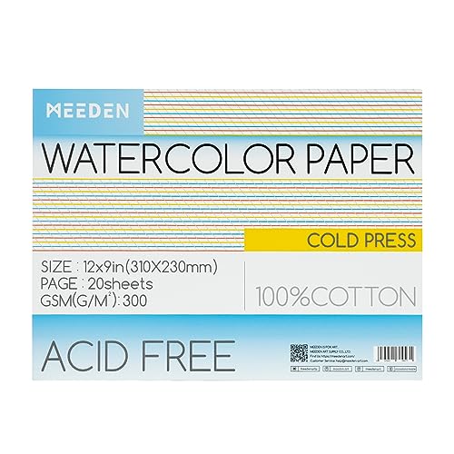 MEEDEN Cotton Watercolor Paper Block: 9" x 12" Cold Pressed of 20 Sheets | 140lb/300gsm 100% Cotton Watercolor Paper Pad, Acid-free Art Paper for Painting, Drawing, Watercolor, Gouache, Ink and More - color: Cold Press, size: 9×12"