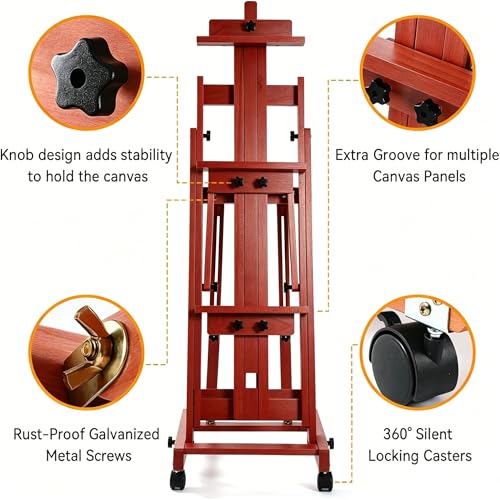 PHOENIX Versatile Studio H-Frame Easel - Solid Beech Wood with Locking Casters, Adjustable Angle & Height, Heavy Duty Canvas Holder with Storage Tray for Professional Artists - Dark Walnut