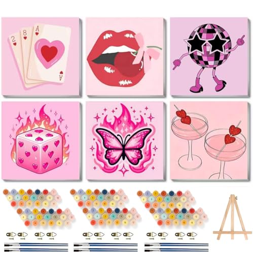 6 Pack Framed Adult Paint by Number Beginners with Wooden Easel,Pink Vintage Adults' Paint-by-Number Kits,Retro DIY Acrylic Paint Kit with Frame,Easy Paint by Numbers Canvas for Decor 8x8 inch - color: BKH2474~BKH2479
