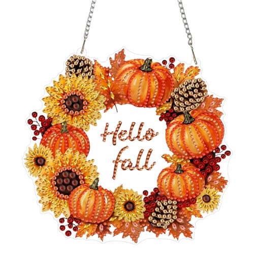 CEOVR Pumpkin Sunflower Hanging Diamond Art for Adults, Halloween Fall Diamond Painting Pendant, DIY Special Shape Gem Art Window Ornament, Acrylic Home Wall Decor with Chain, Box Kit 7.87×7.28inch - color: 23-Pumpkin