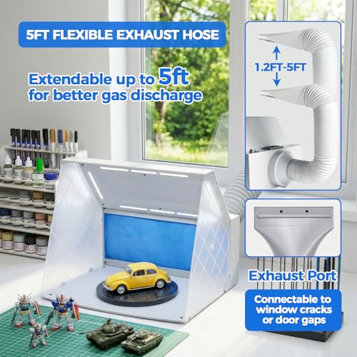 JOYABEST Airbrush Spray Booth with Fan, LED Light & Turntable for Models | Adjustable fan with 8 LED lights. 360° turntable. 5ft exhaust hose included. 2-layer filter traps fumes. For hobby,miniatures