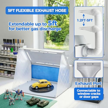 JOYABEST Airbrush Spray Booth with Fan, LED Light & Turntable for Models | Adjustable fan with 8 LED lights. 360° turntable. 5ft exhaust hose included. 2-layer filter traps fumes. For hobby,miniatures