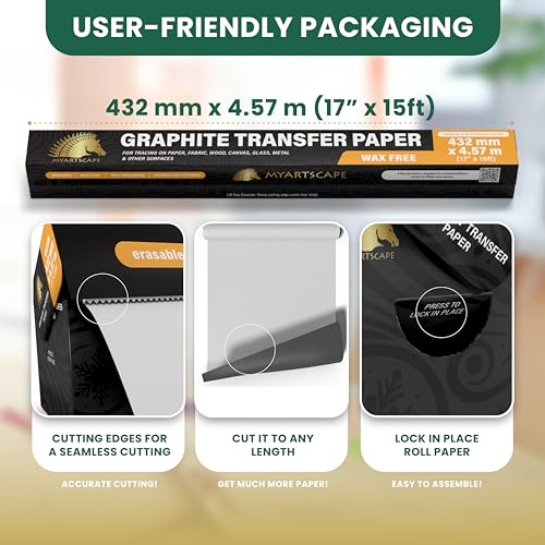 MyArtscape Graphite Transfer Paper Roll, Wax-Free, 17" x 15ft Transfer Roll with Graphite Transfer Paper, 20 Mixed Sheets - Erasable - Smudge-Free
