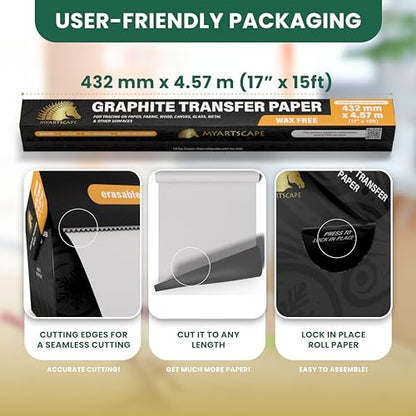 MyArtscape Graphite Transfer Paper Roll, Wax-Free, 17" x 15ft Transfer Roll with Graphite Transfer Paper, 20 Mixed Sheets - Erasable - Smudge-Free