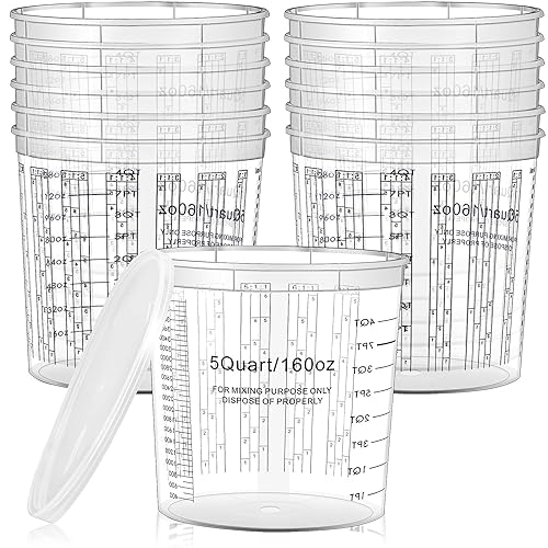 60 Pcs Paint Mixing Cups 5 Quart Graduated Mixing Bucket with 6 lids | Plastic Measuring Cups with Ratios, for Epoxy Resin, Liquids, Automotive Painting, Art, Crafts, Disposable or Reusable - size: 160 oz