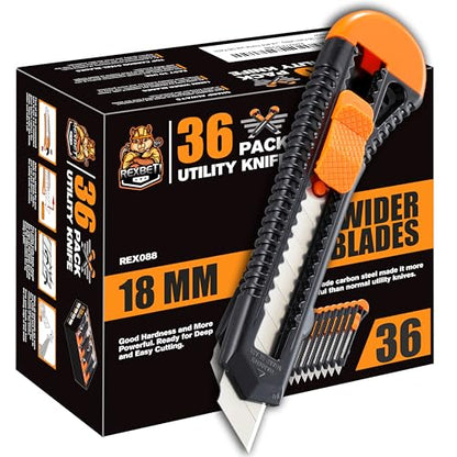REXBETI 36-Pack Box Cutters, Retractable Utility Knife, 18mm Wide Blade | Razor Sharp Snap-Off Blade, Smooth Sliding Mechanism, Durable Cutter Knife for Cartons, Cardboard, Boxes, Office and Home - style: 36 Pack