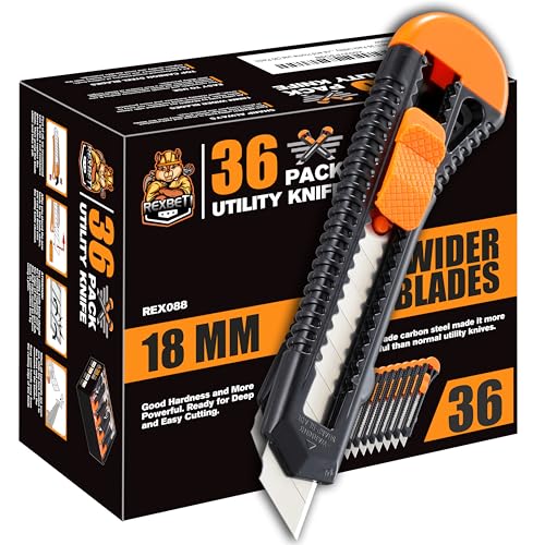 REXBETI 36-Pack Box Cutters, Retractable Utility Knife, 18mm Wide Blade | Razor Sharp Snap-Off Blade, Smooth Sliding Mechanism, Durable Cutter Knife for Cartons, Cardboard, Boxes, Office and Home - style: 36 Pack