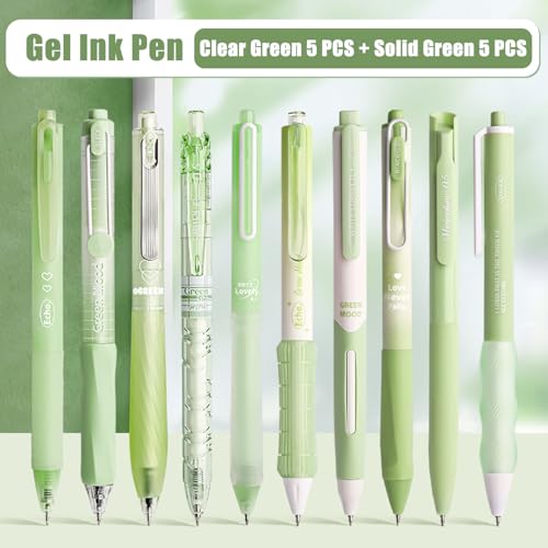 10PCs Pastel Gel Ink Pen Set,Retractable Black Ink Pens 0.5mm Fine Point - color: Green